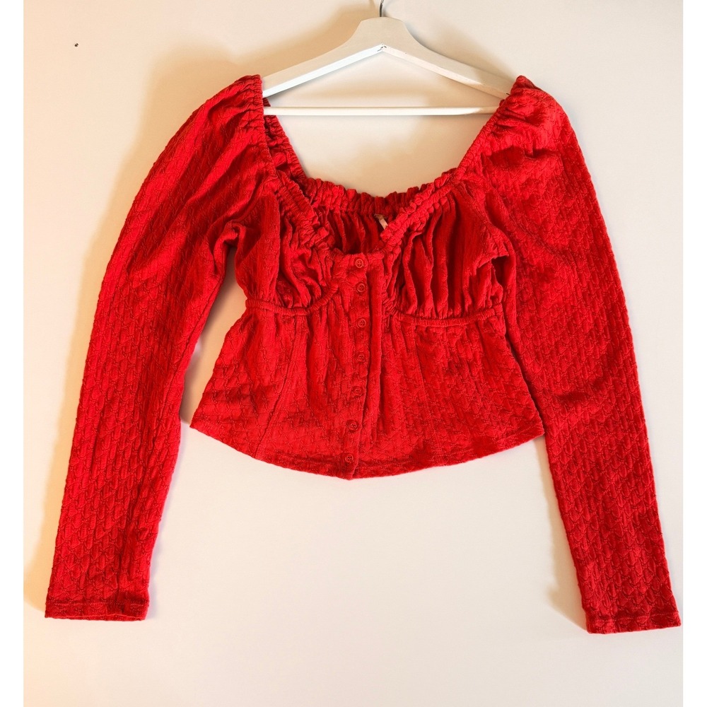 Free People Textured Button Front Top Womens XL Red Boho Ruffle Long Sleeve